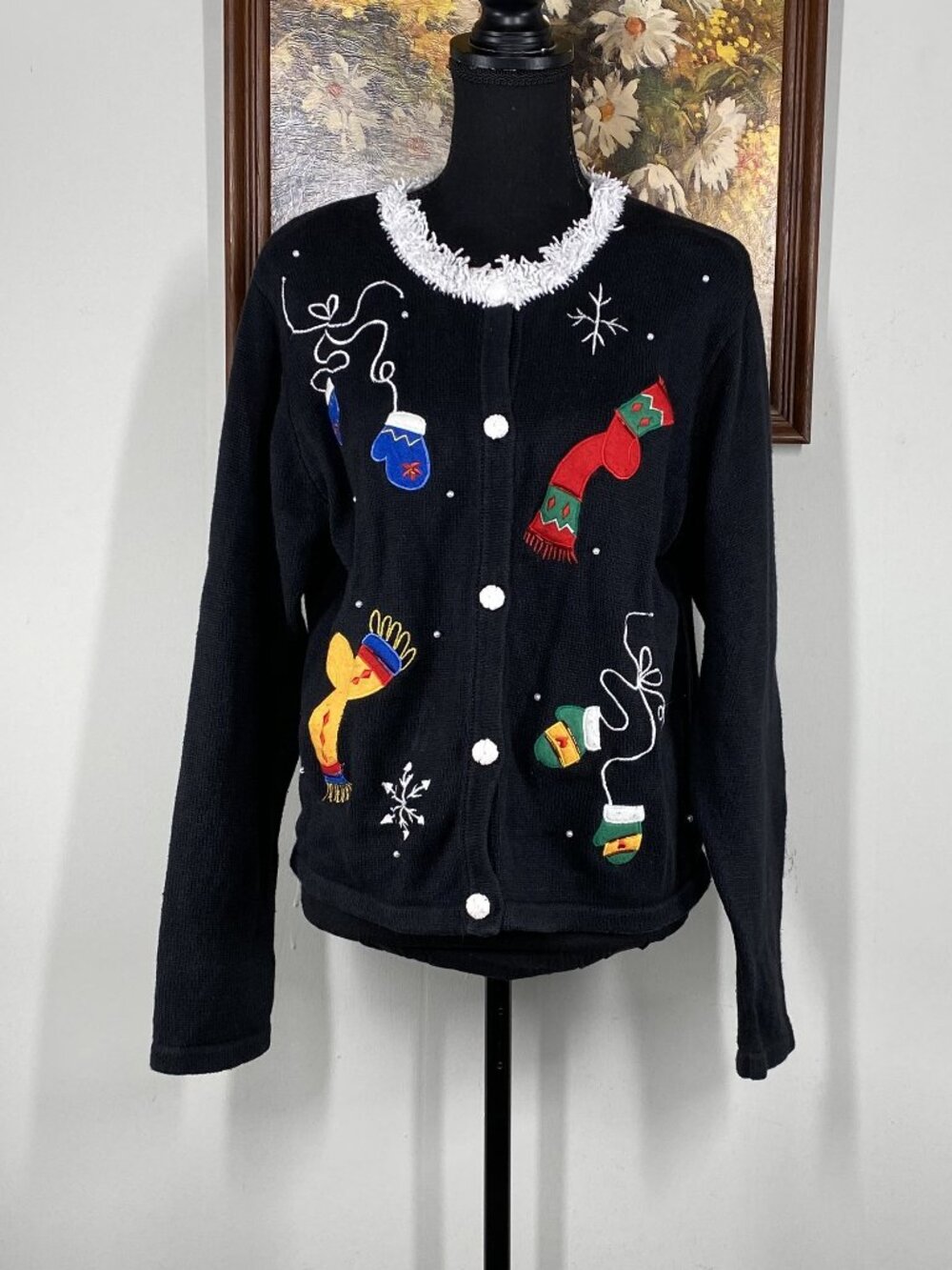 Vintage Arriviste Sweater Top Women's Medium Black Embroidered White Boucle Trim
